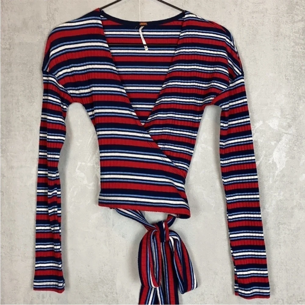 Free People striped wrap front tie top